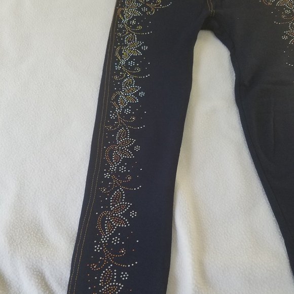 Blue and Golden Sequins Beaded Size Women Small Navy Blue Leggings NWOT - Picture 4 of 7